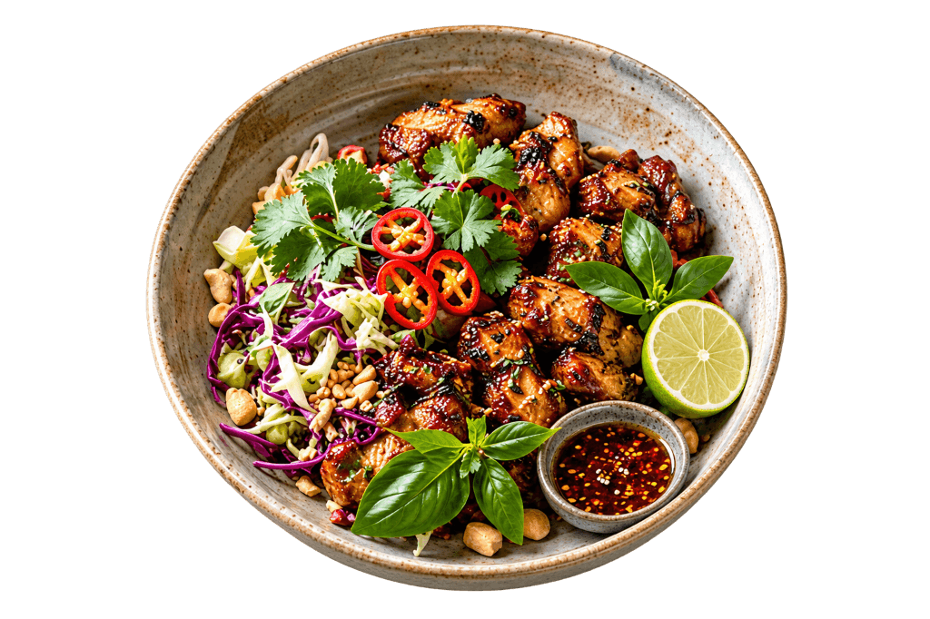 Steaming hot cast-iron wok sizzler with beef, Asian aromatics, and fresh herbs