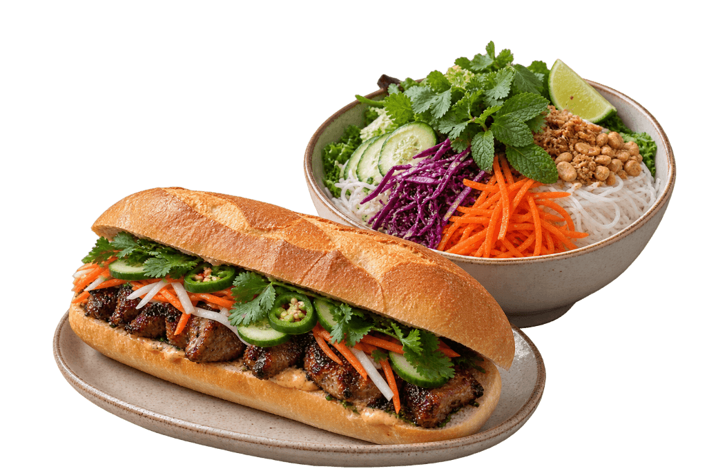 Crusty artisan Banh Mi baguette filled with seasoned meats and pickled vegetables