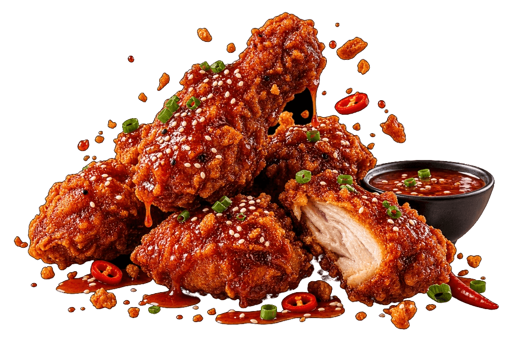 Golden crispy double-fried Korean chicken glazed with savory sauce and sesame seeds