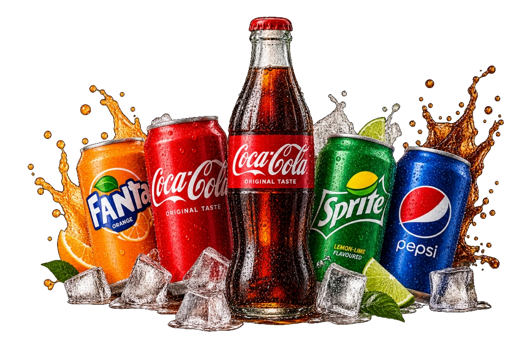 Chilled bottles and cans of Coca-Cola, Fanta, Sprite and Pepsi over ice