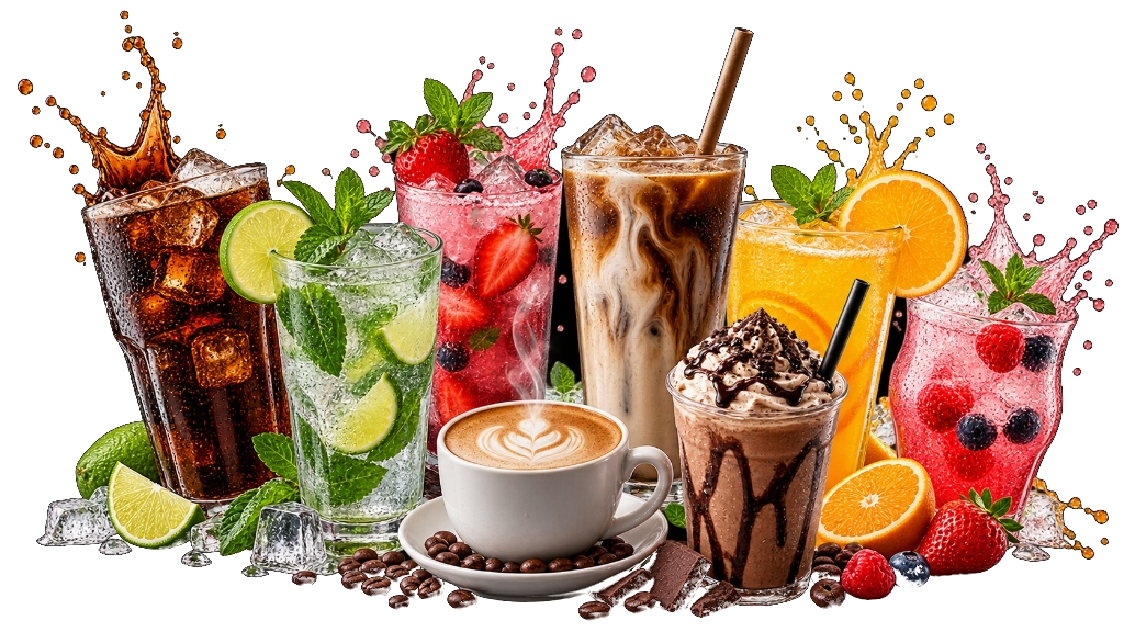 Artisan chilled fruit iced teas, tropical smoothies, and barista espresso drinks at Tasty & Co