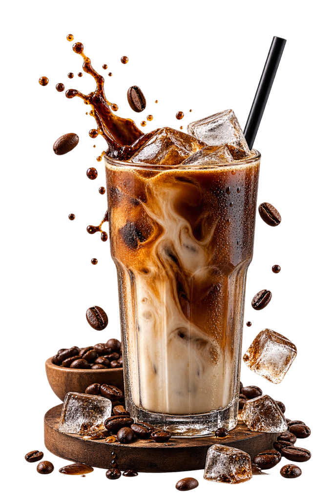 Chilled iced coffee with creamy milk swirl, ice cubes, and coffee bean splash