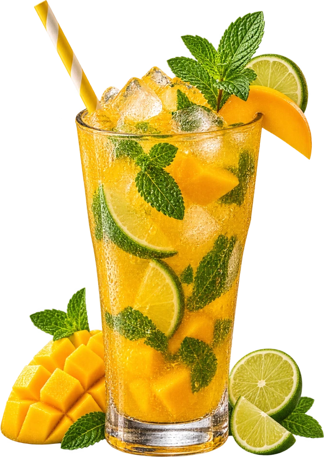 Vibrant Mango Mojito mocktail with mint leaves and fresh lime