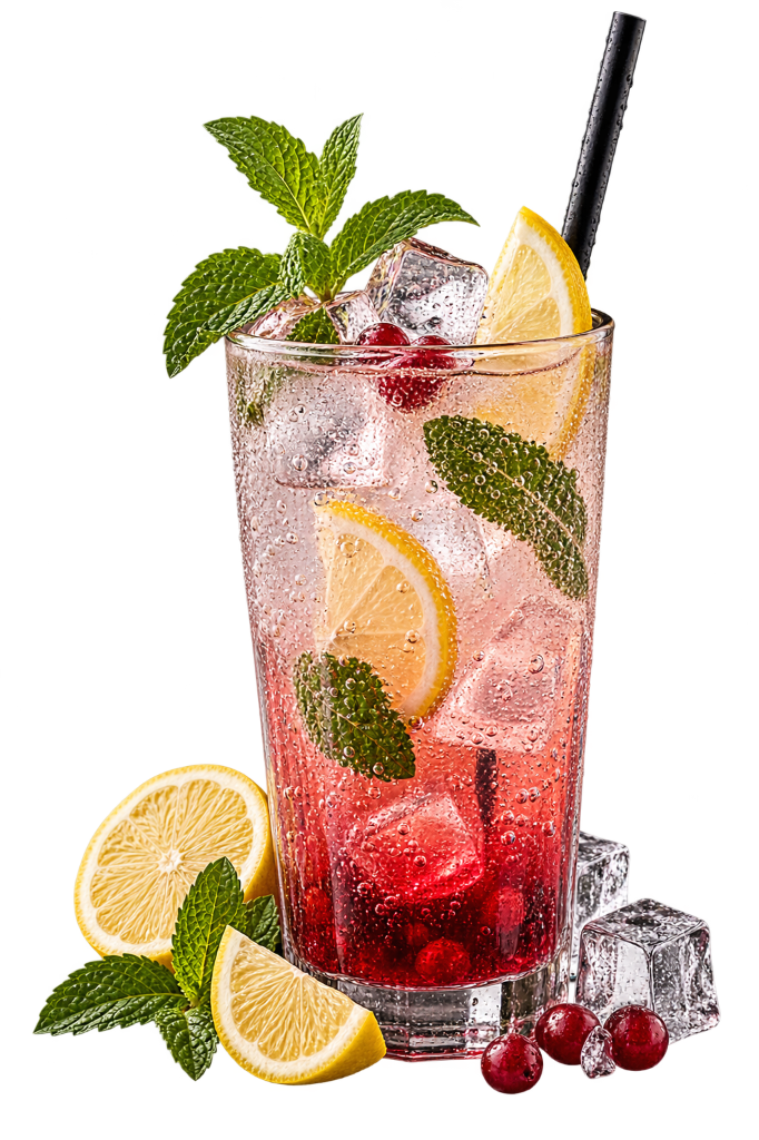 Refreshing berry citrus sparkling spritz soda with fresh mint, lemon, and ice