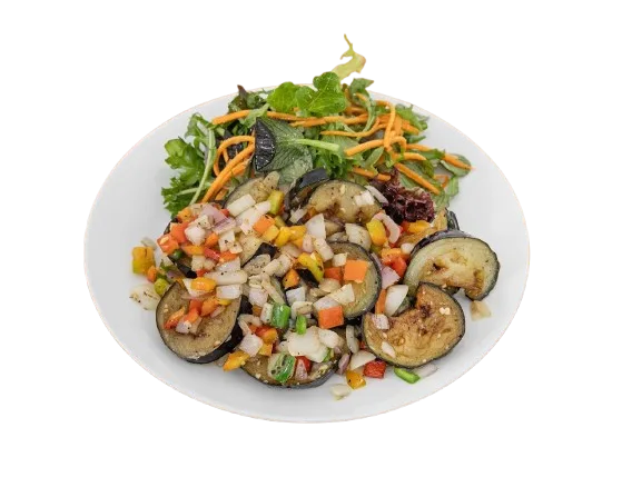 Salt and Pepper Eggplant salad with garden greens