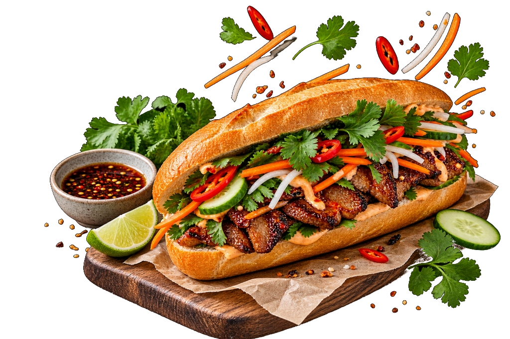 Freshly baked Banh Mi baguette loaded with seasoned grilled meats, fresh cucumber, coriander, and chili