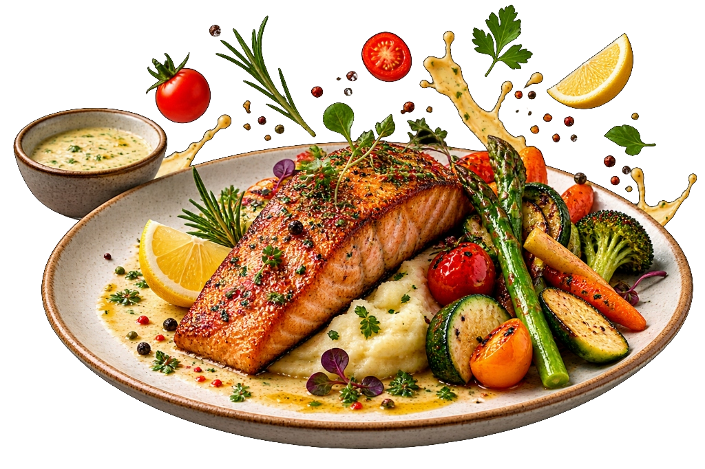 Pan Seared Crispy Salmon with grilled vegetables and mash