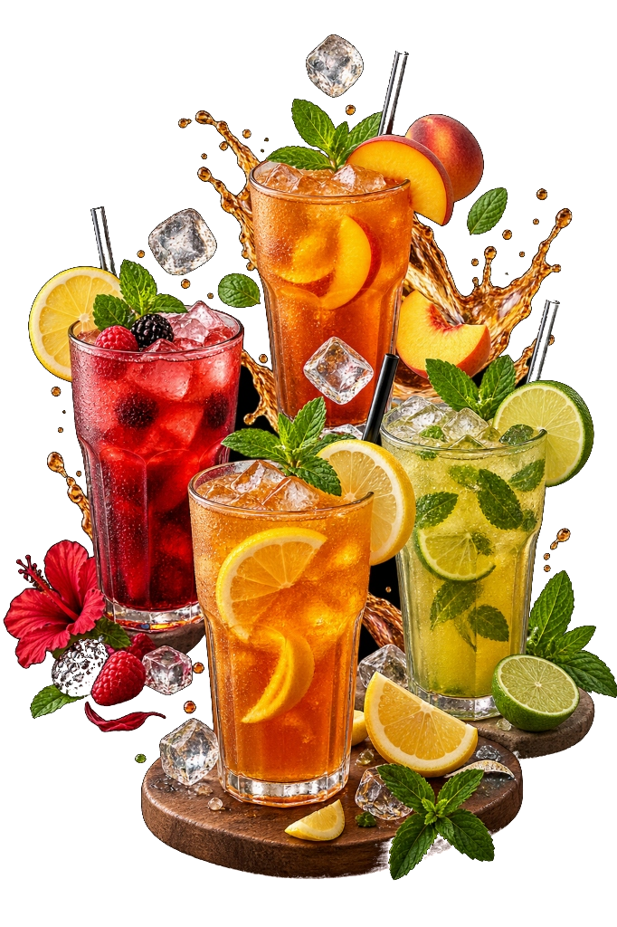 Artisan chilled house iced teas garnished with fresh lemon, peach, berries and garden mint