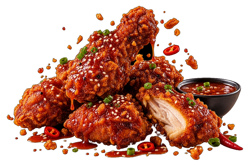 Golden crispy double-fried Korean chicken glazed with savory sauce, sesame seeds, and chili