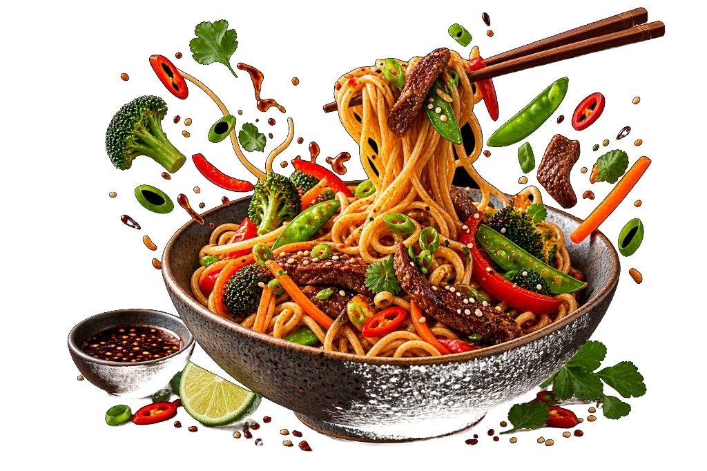 Vibrant Asian noodle bowl with fresh noodles lifted by chopsticks, tender beef, broccoli, and crisp vegetables