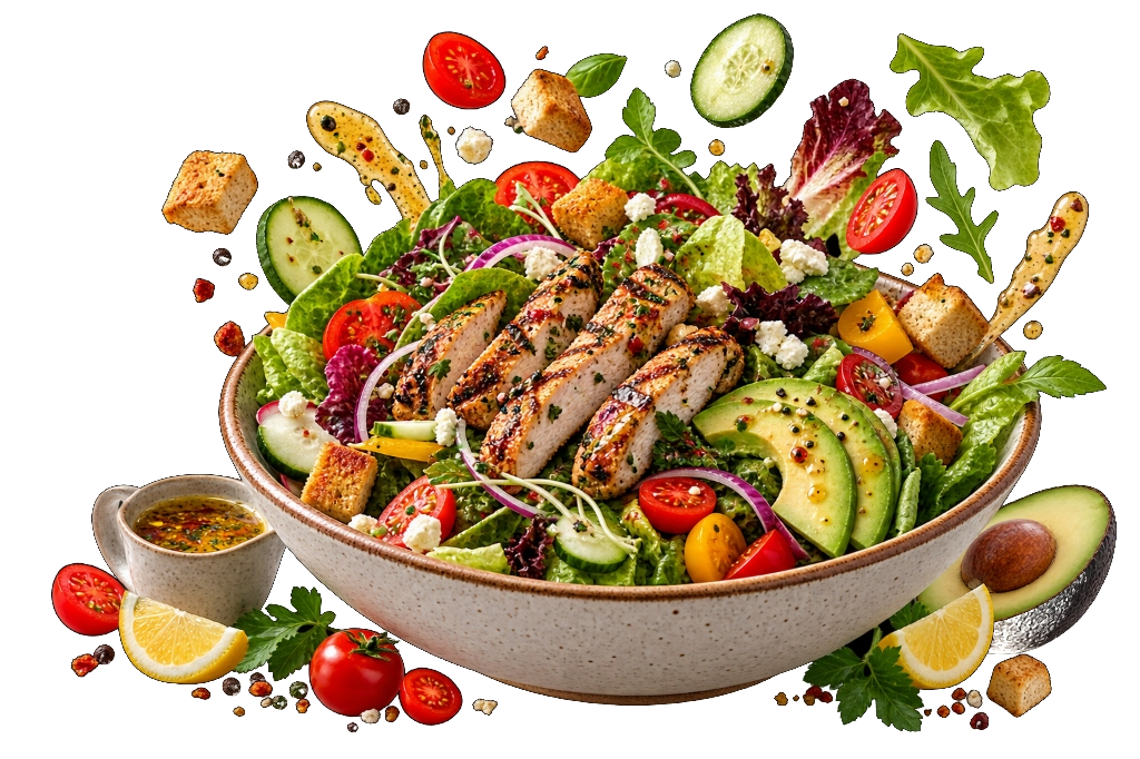 Vibrant grilled chicken garden salad bowl with avocado, tomatoes, feta and house citrus dressing