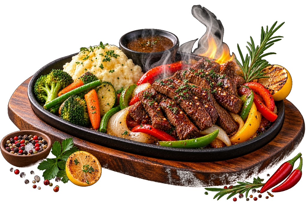 Hot sizzling cast-iron platter with tender grilled steak, sautéed peppers, broccoli, rice, and signature savory sauce