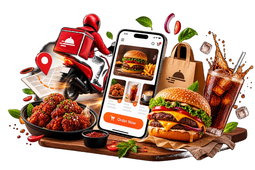 Tasty & Co online ordering showcase with instant mobile delivery app, takeaway feasts, burgers, crispy wings, and craft drinks
